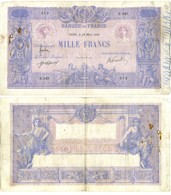 Франция 1000 франков 1916 29 марта 1916 Pick 67 g бумага 434-1-2-1