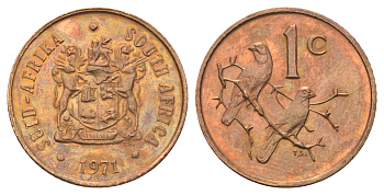ЮАР 1 цент 1971 герб, капские воробьи KM 82 бронза UNC 4696-921