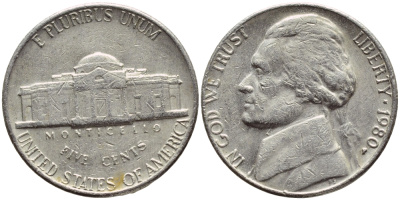 США 5 ЦЕНТОВ 1980 P, ДЖЕФФЕРСОН KM А192 медно-никель 4397-131