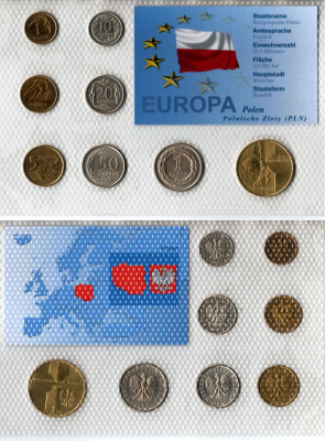 Польша набор из 8 монет (1, 2, 5, 10, 20 и 50 грошей; 1 и 2 злотых) 1992, 1995, 2003, 2005 и 2007 25 лет Понтификата Иоанна Павла II, в красочной упаковке с информацией о стране Y 276, 277, 278, 279, 280, 281, 282 и 465 UNC 2-6-3-95