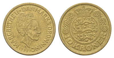 Дания 10 крон 1999 Маргрете II (1972-2024) KM 877 алюминиевая бронза 3459-925