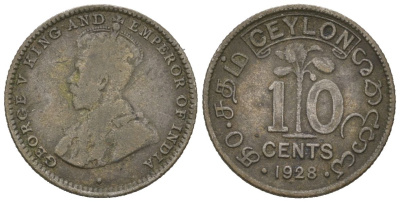 Цейлон 10 центов 1928 KM 104a серебро 4621-143
