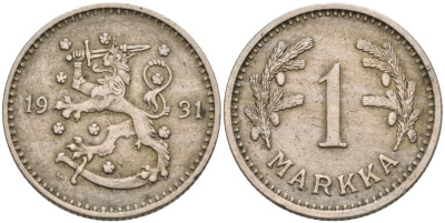 ФИНЛЯНДИЯ 1 МАРКА 1931 S KM 30 медно-никель 4563-631