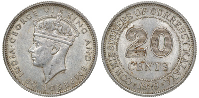Британская Малайя 20 центов 1939 Георг VI (1937-1952) KM 5 серебро 53-341