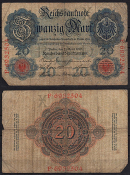 Германия 20 марок 1910 Pick 40 b бумага 6293-56-3-2
