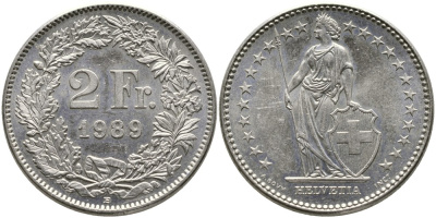 ШВЕЙЦАРИЯ 2 ФРАНКА 1989 В KM 21а.3 медно-никель 4538-234
