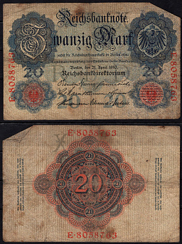 Германия 20 марок 1910 Pick 40 b бумага 6293-33-2-1
