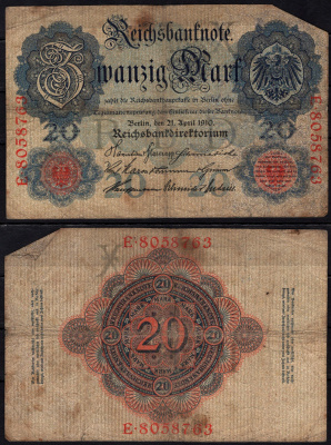Германия 20 марок 1910 Pick 40 b бумага 6293-33-2-1