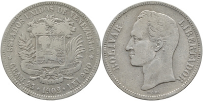 Венесуэла 5 боливаров 1902 Симон Боливар KM 24.2 серебро 1525-1145