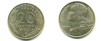 ФРАНЦИЯ 20 САНТИМОВ 1997 KM 930 медь алюминий никель 25-437