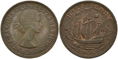 Великобритания 1/2 пенни 1960 Елизавета II (1952-2022) KM 896, Spink 4158 бронза 4150-733