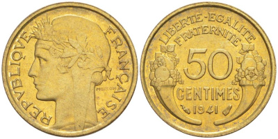 ФРАНЦИЯ 50 САНТИМОВ 1941 ТИП MORLON KM 894.1, LE FRANC 192.18 алюминиевая бронза 44-447