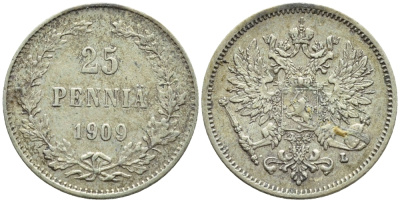 Россия для Финляндии 25 пенни 1909 L, Николай II (1894-1917) KM 6.2, Биткин 417 серебро 57-1133