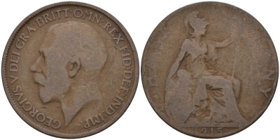 Великобритания 1/2 пенни 1915 Георг V (1910-1936) KM 809, Spink 4056 бронза 4146-133