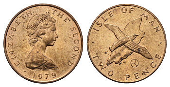 Остров Мэн 2 пенса 1979 птица, Елизавета II (1952-2022) KM 34 бронза UNC 4122-1144