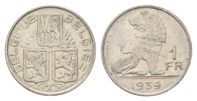 Бельгия 1 франк 1939 Леопольд III (1934-1950), Belgique-Belgie, лев KM 119 никель 4705-364