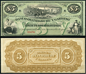 Аргентина, Banco Oxandaburu y Garbino 5 песо 1869 фазенда, женщина, штурман Pick S1783r  бумага  UNC (пресс) 00-00