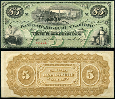 Аргентина, Banco Oxandaburu y Garbino 5 песо 1869 фазенда, женщина, штурман Pick S1783r  бумага  UNC (пресс) 00-00