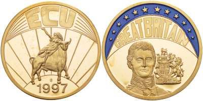ЕВРОПА МЕДАЛЬ 1997 ЭКЮ, ВЕЛИКОБРИТАНИЯ, ЭМАЛЬ, диаметр 40 мм., вес 33,5 гр. медно-никель PROOF 1088-6-44