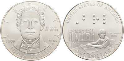 США 1 доллар 2009 Р, 200 лет со дня рождения Луи Брайля (1809-2009), в оригинальной коробке, сертификат KM 455 серебро UNC 00-00