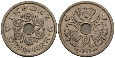 Дания 1 крона 1993 Маргрете II (1973 - 1988) KM 873 медно-никель 4176-457