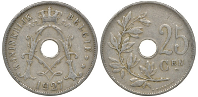 Бельгия 25 сантимов 1927 Belgie KM 69 медно-никель 4163-627