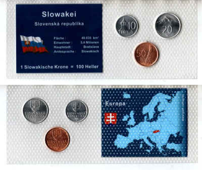 Словакия набор из 3 монет (10, 20 и 50 геллеров) 1999 и 2001 в красочной упаковке с информацией о стране KM 17, 18 и 35 UNC 5-4-1-101