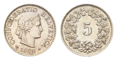 Швейцария 5 раппенов 1928 B KM 26 медно-никель 4705-1223