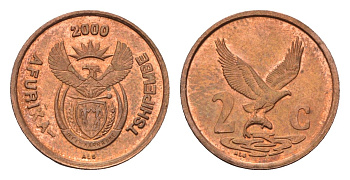 ЮАР 2 цента 2000 новый тип, редкий KM 222 сталь плакированная медью UNC 1527-1344