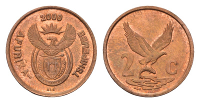 ЮАР 2 цента 2000 новый тип, редкий KM 222 сталь плакированная медью UNC 1527-1344