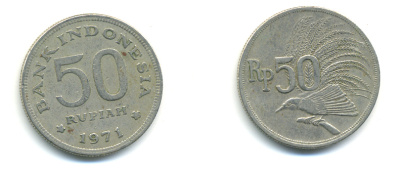 Индонезия 50 рупий 1971 райская птица KM 35 медно-никель 86-853