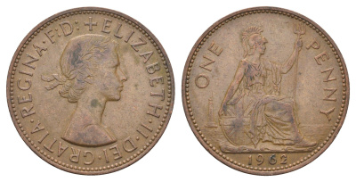 Великобритания 1 пенни 1962 Елизавета II (1952-2022) KM 897, Spink 4157 бронза 4661-842