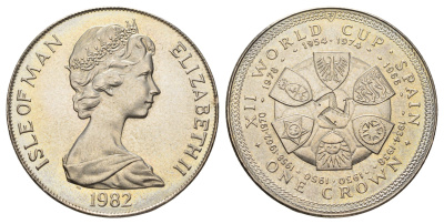 Остров Мэн 1 крона 1982 Чемпионат мира по футболу 1982, Испания - гербы, без 1982 над гербом Италии, в оригинальном буклете KM 92 медно-никель BU 4527-512