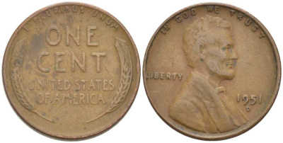 США 1 ЦЕНТ 1951 D, ЛИНКОЛЬН KM А132 медь цинк 218-557