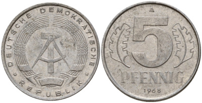 ГДР 5 пфеннигов 1968 A KM 9.1 алюминий 211-954