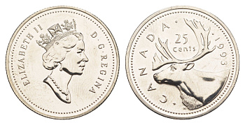 Канада 25 центов 1993 Елизавета II (1952-2022), олень KM 184 никель PROOF-LIKE (BU) 4638-542
