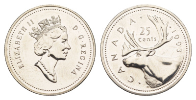 Канада 25 центов 1993 Елизавета II (1952-2022), олень KM 184 никель PROOF-LIKE (BU) 4638-542