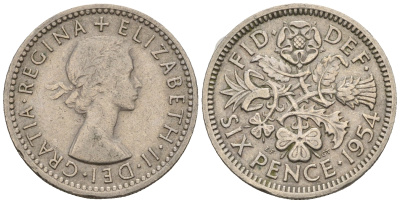 Великобритания 6 пенсов 1954 Елизавета II (1952-2022) KM 903, Spink 4149 медно-никель 4609-1124