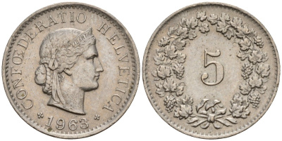 Швейцария 5 раппенов 1963 B KM 26 медно-никель 4189-334