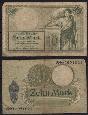 Германия 10 марок 1906 Женщина Pick 9b бумага 8602-12-3-2