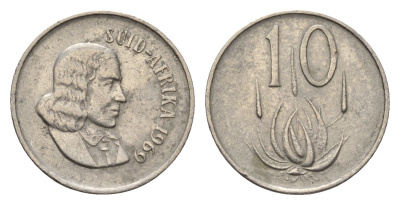 ЮАР 10 центов 1969 Ян ван Рибек (1619-1677), Suid Africa, легенда на африкаанс, цветок алоэ KM 68.2 никель 4690-1024