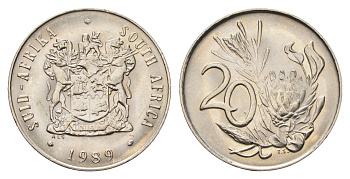 ЮАР 20 центов 1989 герб, цветок протея KM 86 никель UNC 4693-811