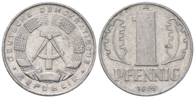 ГДР 1 пфенниг 1968 А КМ 8.1 алюминий 3458-317