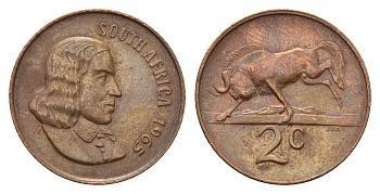 ЮАР 2 цента 1965 Ян ван Рибек (1619-1677), South Africa, легенда на английском, антилопа KM 66.1 бронза 4693-543