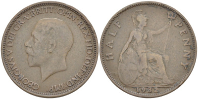 Великобритания 1/2 пенни 1932 Георг V (1910-1936) KM 837, Spink 4058 бронза 4514-1132