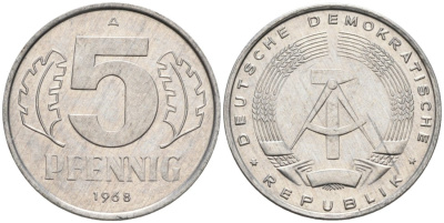 ГДР 5 пфеннигов 1968 А KM 9.1 алюминий 4564-1033