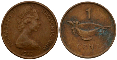 Соломоновы острова 1 цент 1977 Елизавета II (1953-) KM 1 бронза 4602-846