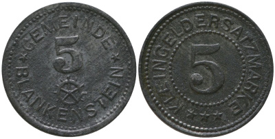 Бланкенштайн (Ройсс) 5 пфенингов ND Funck 46.3, Men05 2945.1, Men18 3770.1 цинк 4136-459