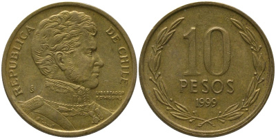 Чили 10 песо 1999 So KM 228.2, Schon 82 алюминиевая бронза 4544-634
