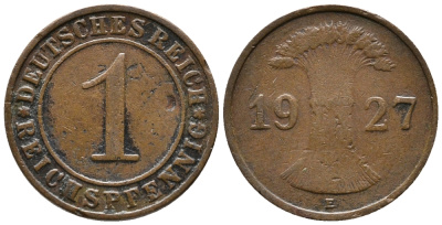 ГЕРМАНИЯ 1 РЕЙХСПФЕННИГ 1927 E KM 37, J. 313 бронза 39-939